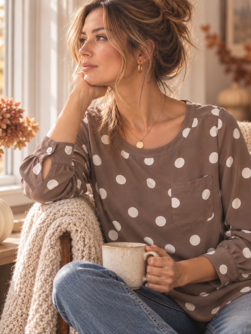 LOFT Women’s Medium Polka Dot Blouse Taupe Brown Semi Sheer Roll Tab Sleeve